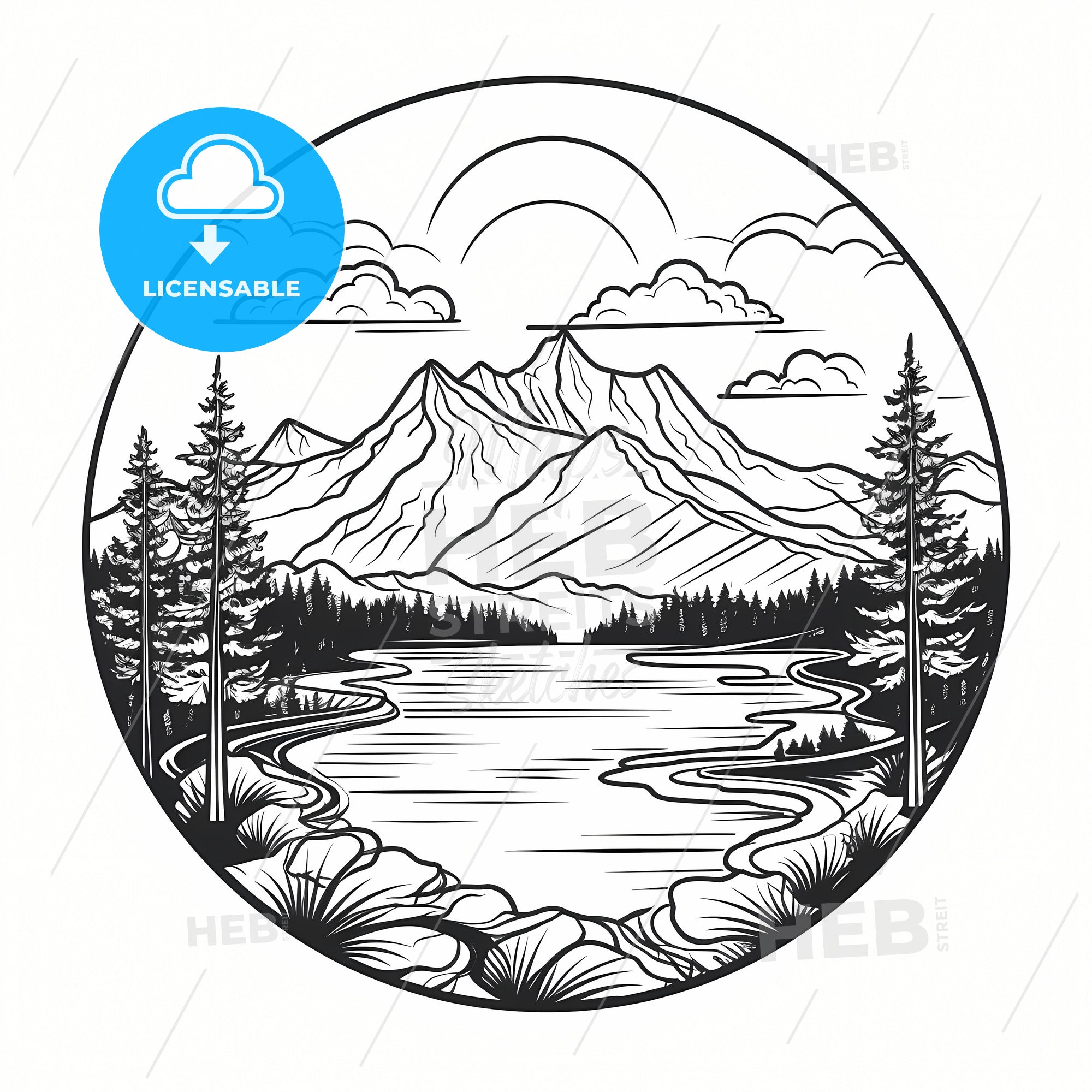 Drawing Landscape Circle Mountains River Stock Illustration 1441488017 |  Shutterstock